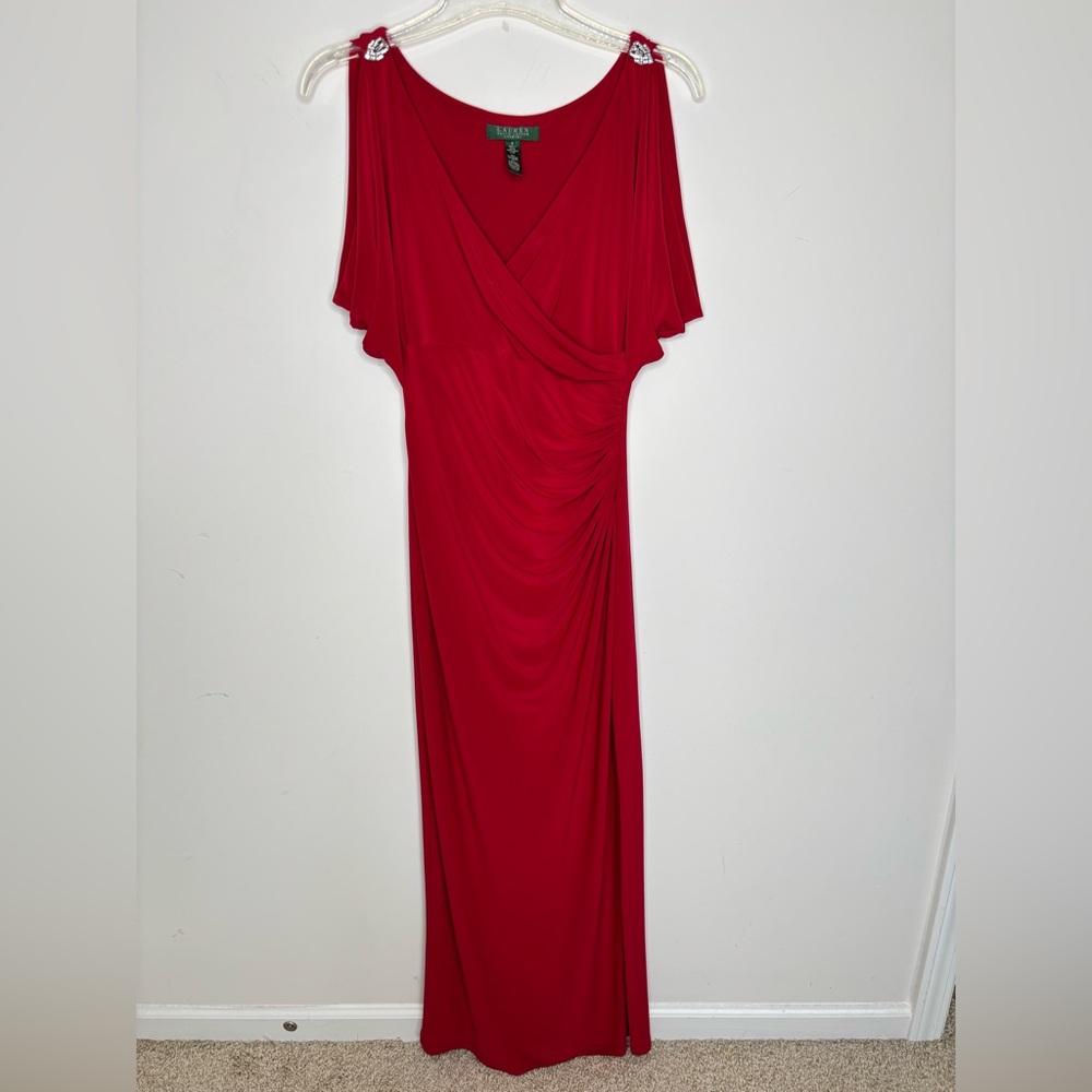 BN9 Lauren Ralph Lauren Red Formal Dress Holiday Party Dress Side Slit‎ Size 4